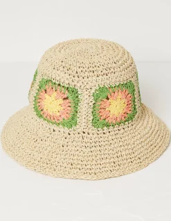 FatFace Crochet Straw Hat Natural Outlet