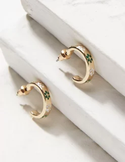FatFace Daisy Enamel Hoop Earrings Green Clearance