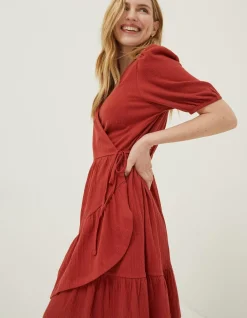 FatFace Danica Jersey Wrap Dress Rust Red Clearance