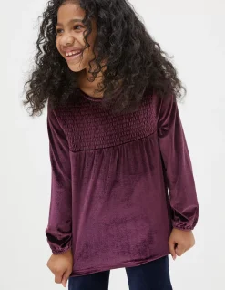 FatFace Darcey Velvet Smocked Top Plum Hot