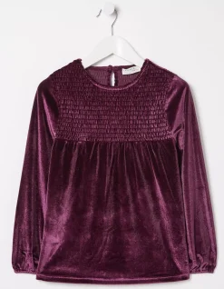 FatFace Darcey Velvet Smocked Top Plum Hot