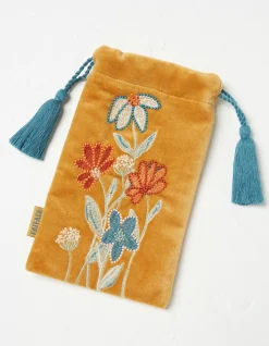 FatFace Embroidered Floral Sunglasses Case Mustard Yellow Outlet