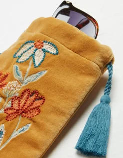 FatFace Embroidered Floral Sunglasses Case Mustard Yellow Outlet