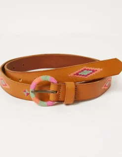 FatFace Embroidered Jean Leather Belt Tan Sale