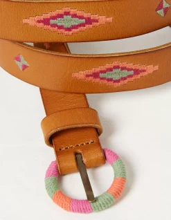 FatFace Embroidered Jean Leather Belt Tan Sale