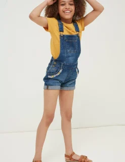 FatFace Embroidered Shortie Dungarees Denim Blue Hot
