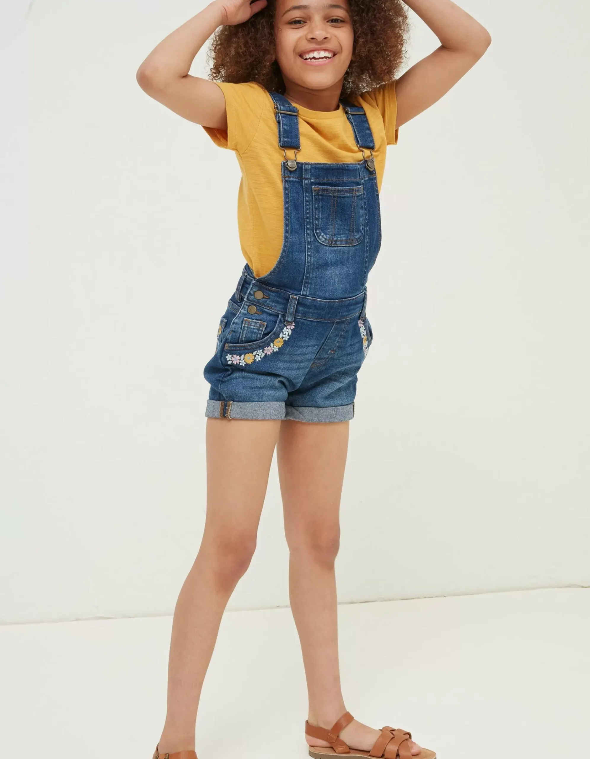 FatFace Embroidered Shortie Dungarees Denim Blue Hot