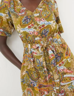 FatFace Estelle Paisley Midi Tea Dress Light Olive Clearance