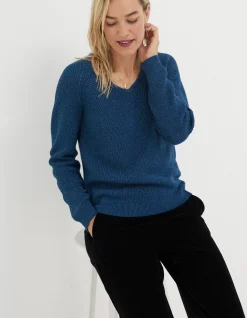 FatFace Estelle V Neck Sparkle Jumper Teal Blue New