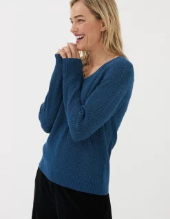 FatFace Estelle V Neck Sparkle Jumper Teal Blue New