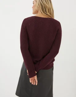 FatFace Estelle V Neck Sparkle Jumper Plum Clearance