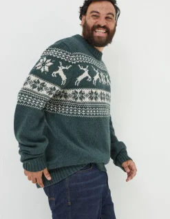 FatFace Family Reindeer Christmas Jumper Green Online