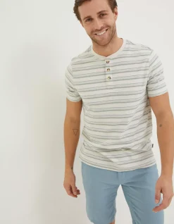 FatFace Fine Stripe Henley T-Shirt Off White