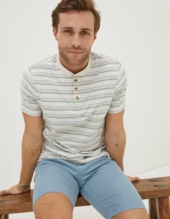 FatFace Fine Stripe Henley T-Shirt Off White