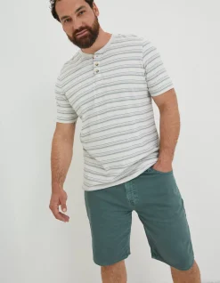 FatFace Fine Stripe Henley T-Shirt Off White