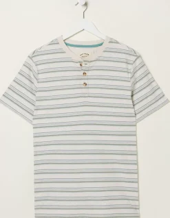 FatFace Fine Stripe Henley T-Shirt Off White