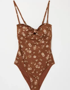 FatFace Floating Daisy Swimsuit Dark Brown Clearance