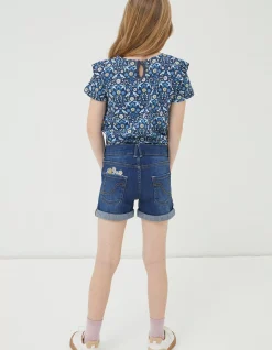 FatFace Floral Embroidered Denim Shorts Denim Blue Outlet