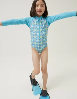 FatFace Floral Long Sleeve Swimsuit Sage Green Clearance