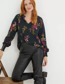 FatFace Florence Dotted Floral Top Black Clearance