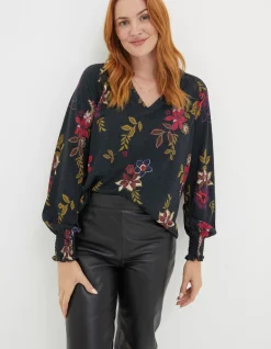 FatFace Florence Dotted Floral Top Black Clearance