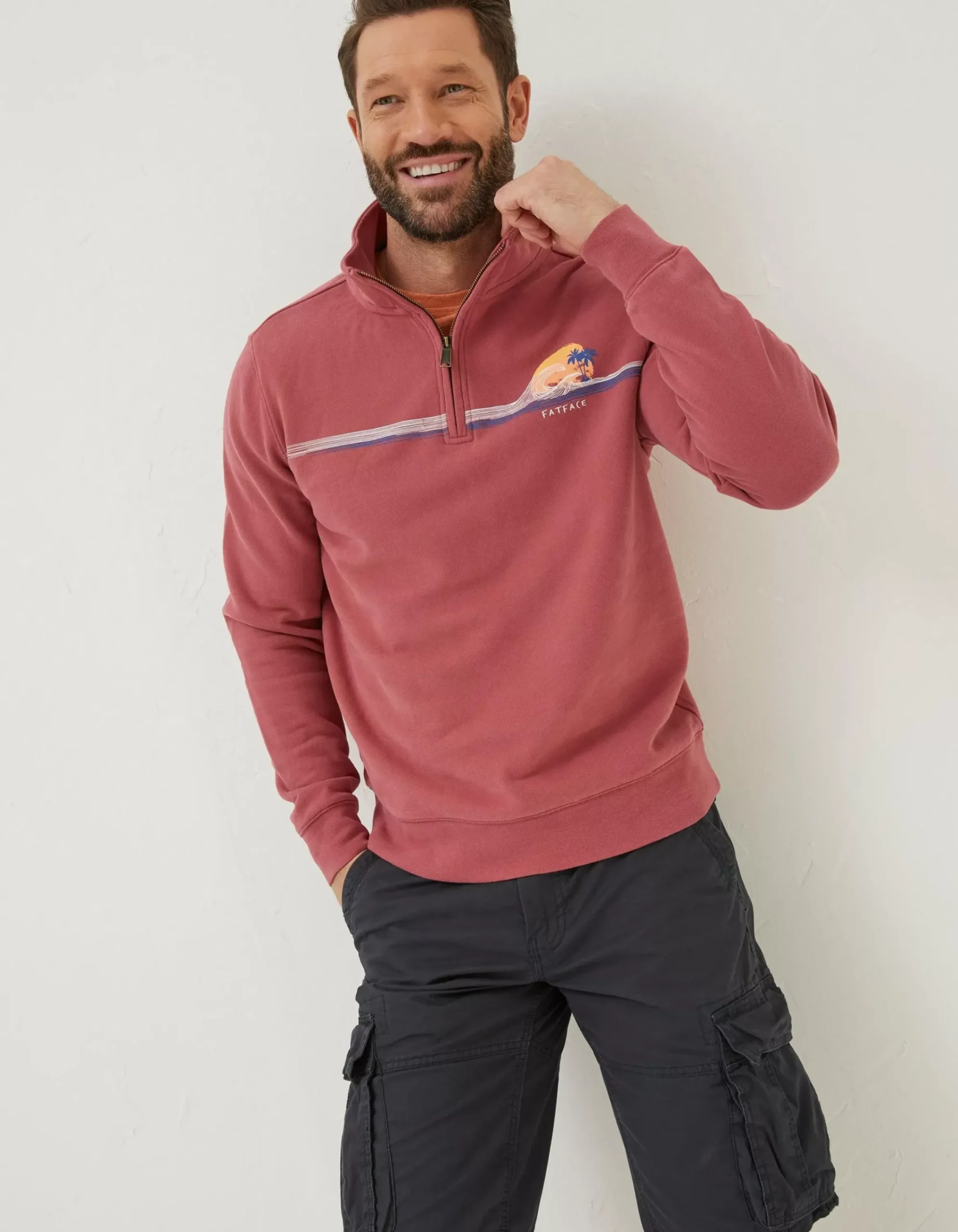 FatFace Fowey Print Zip Neck Rose Pink Hot