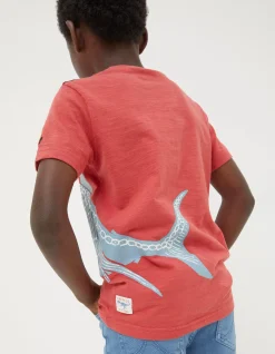 FatFace Glow-In-The-Dark Shark T-Shirt Washed Red New