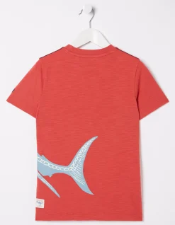 FatFace Glow-In-The-Dark Shark T-Shirt Washed Red New