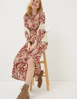 FatFace Haldon Watercolour Midi Dress Brown Clearance