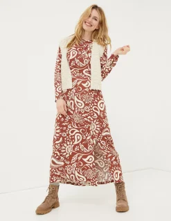 FatFace Haldon Watercolour Midi Dress Brown Clearance