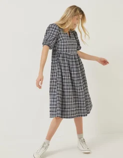 FatFace Hannah Puff Sleeve Check Midi Dress Navy