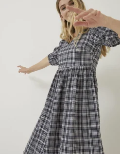 FatFace Hannah Puff Sleeve Check Midi Dress Navy