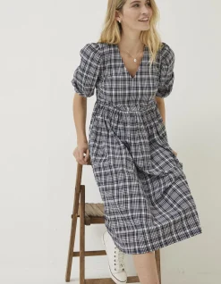 FatFace Hannah Puff Sleeve Check Midi Dress Navy