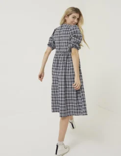 FatFace Hannah Puff Sleeve Check Midi Dress Navy
