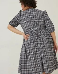 FatFace Hannah Puff Sleeve Check Midi Dress Navy
