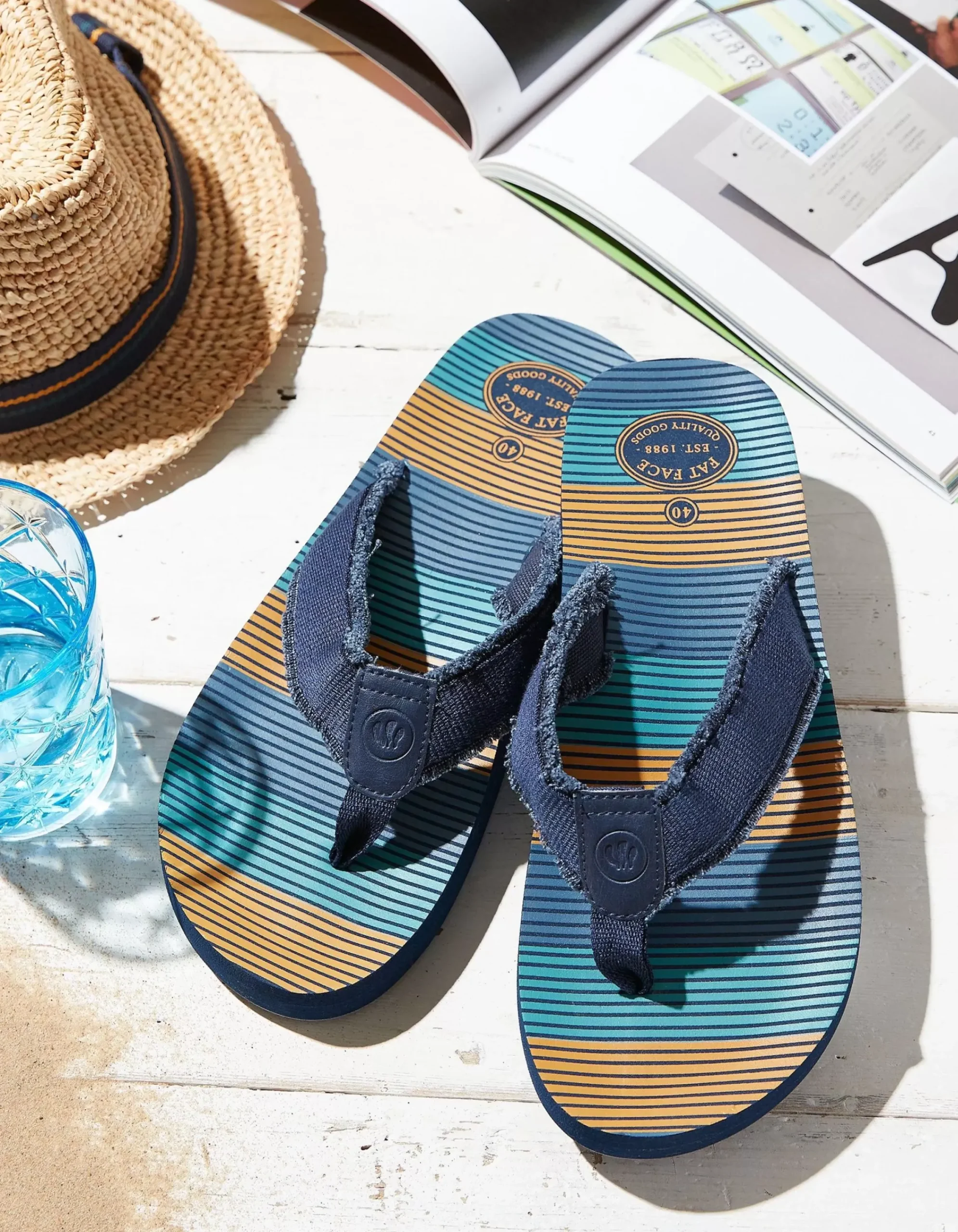 FatFace Harris Stripe Flip Flops Dark Teal Hot