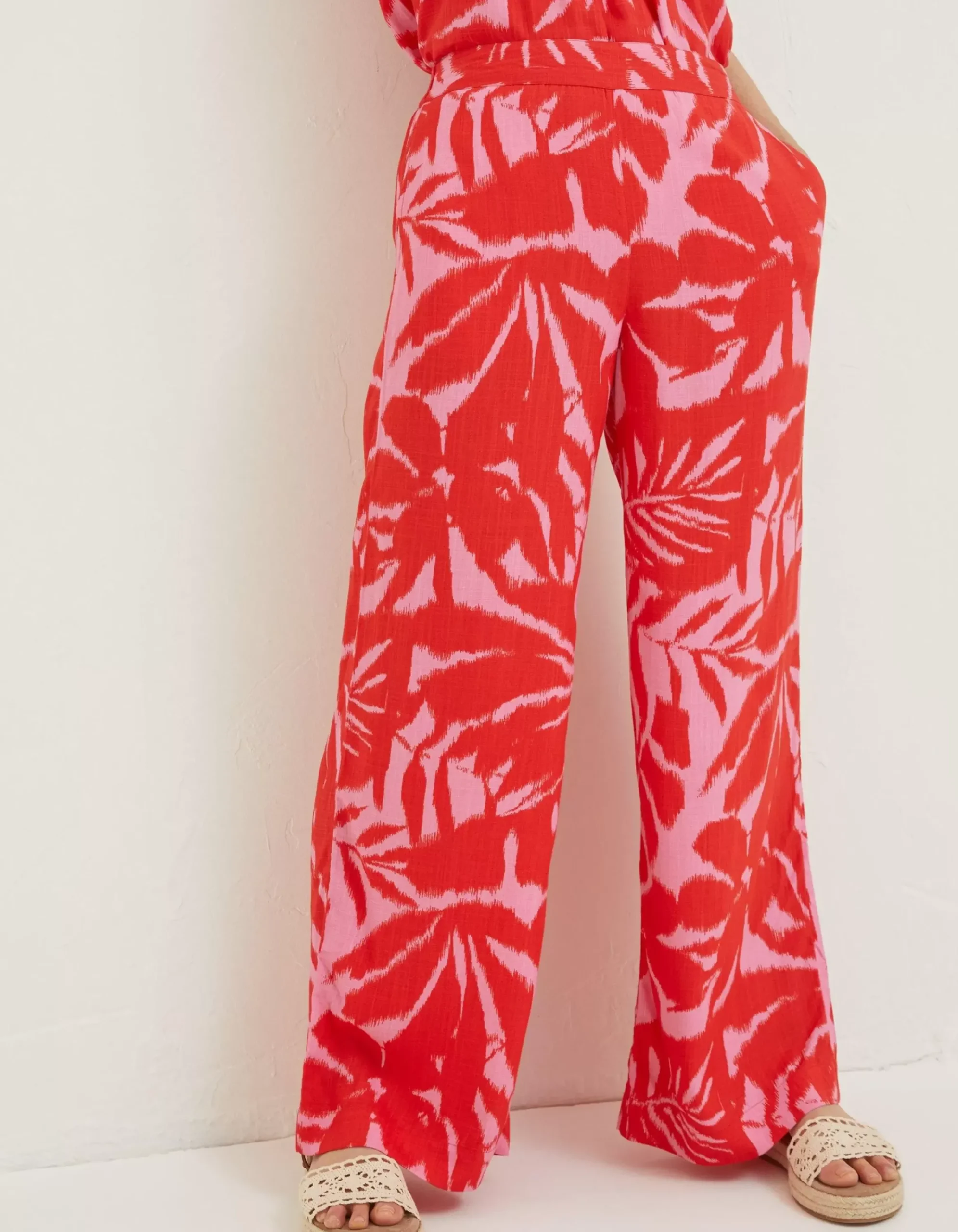 FatFace Ikat Leaves Palazzo Trousers Bright Red New