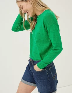 FatFace Isobella Linen Blend Button Back Jumper Green Hot