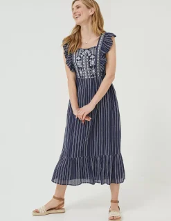 FatFace Izzi Stripe Embroidered Midi Dress Navy