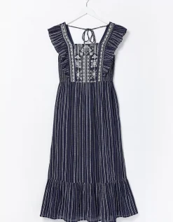 FatFace Izzi Stripe Embroidered Midi Dress Navy