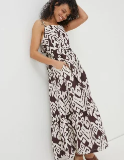 FatFace Julien Ikat Linen Midi Dress Dark Brown Discount