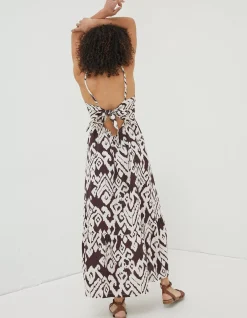 FatFace Julien Ikat Linen Midi Dress Dark Brown Discount