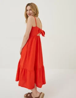 FatFace Julien Tie Back Linen Midi Dress Bright Red Hot