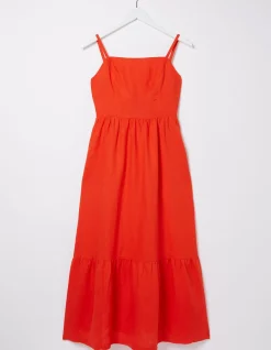 FatFace Julien Tie Back Linen Midi Dress Bright Red Hot