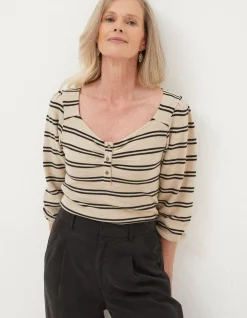 FatFace Kara Stripe Henley Top Ivory Hot