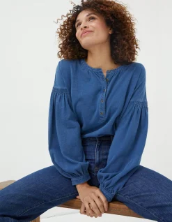 FatFace Keira Indigo Henley Top Indigo Blue