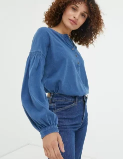 FatFace Keira Indigo Henley Top Indigo Blue