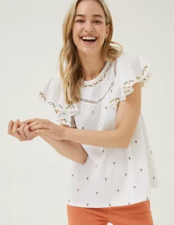 FatFace Leah Embroidered Top Ivory Clearance