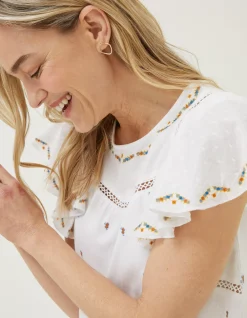 FatFace Leah Embroidered Top Ivory Clearance