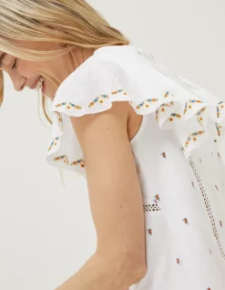 FatFace Leah Embroidered Top Ivory Clearance